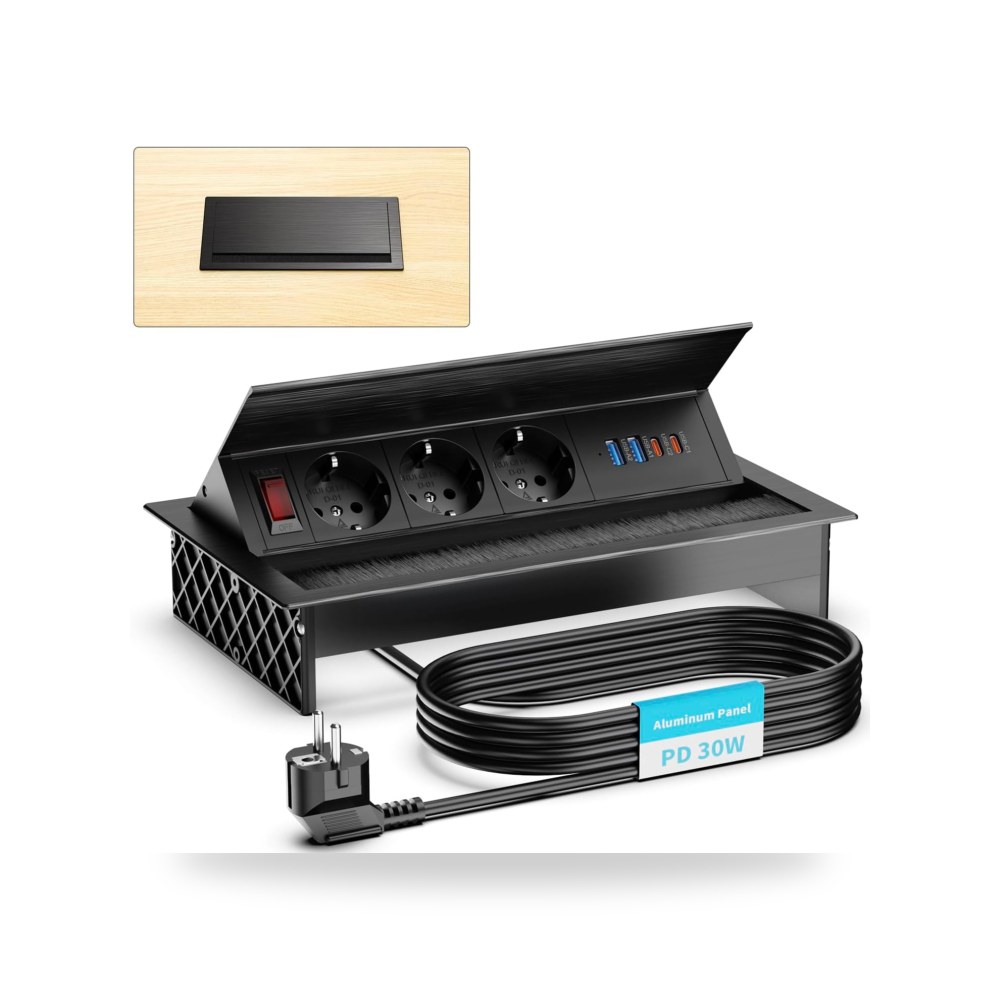 مقبس الومنيوم قابل للسحب مع USB-C PD 30 واط، مقبس مدمج مع 3 Pindus