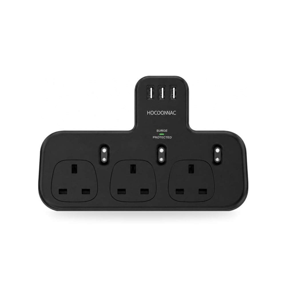 موزع كهربائي 3 مقابس مع 3 منافذ USB، أسود وأبيض (أسود)