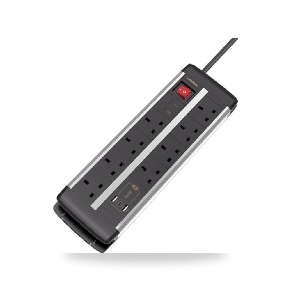 سلك تمديد ذو 8 منافذ مزود بحماية ضد الصواعق، مع منافذ USB