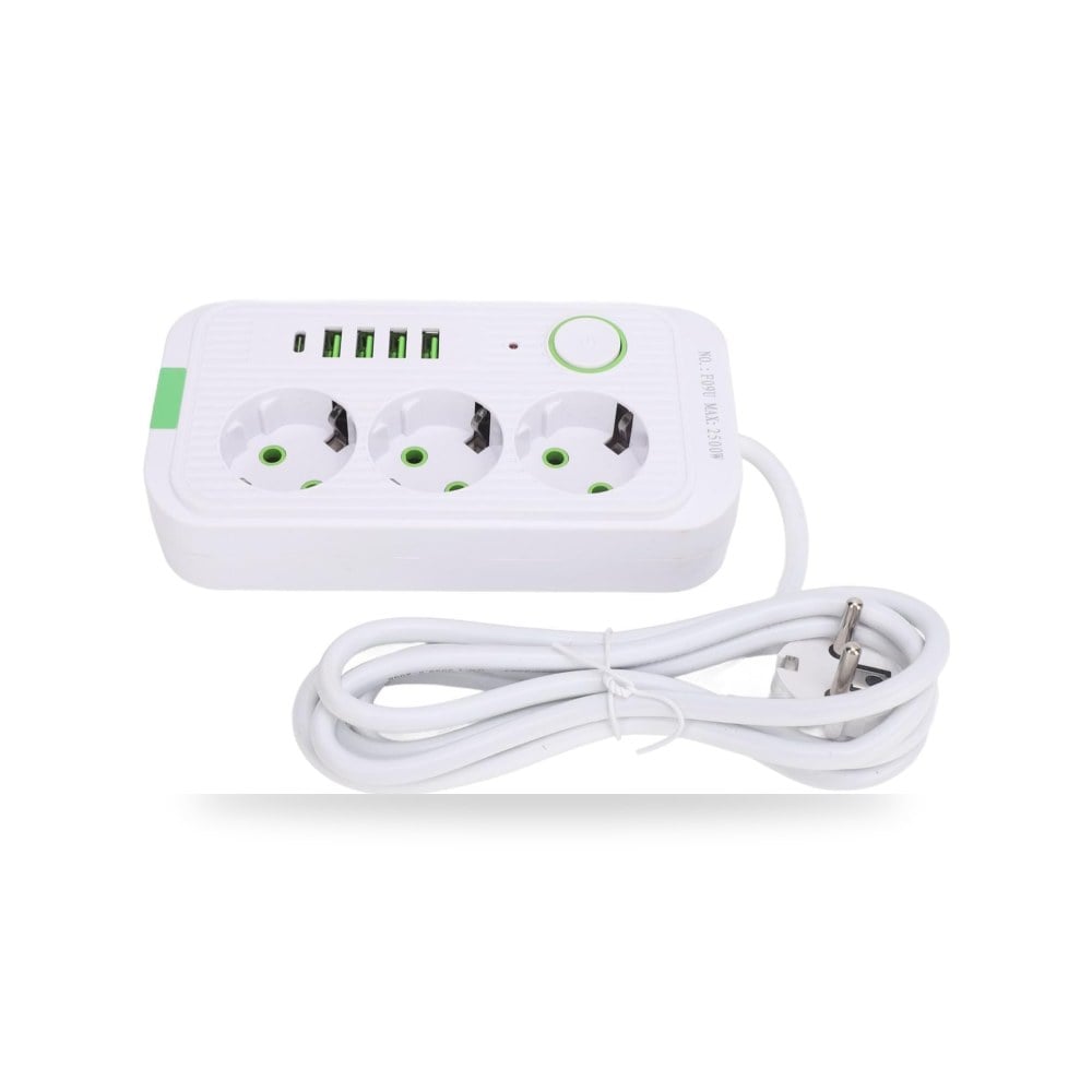 شريط طاقة اوروبي مع 3 منافذ طاقة، 4 منافذ USB-A ومنفذ USB